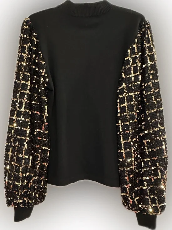 Flying Tomato Black Sweater with Gold-Accent Sequin Grid Sleeves - Picture 4 of 8